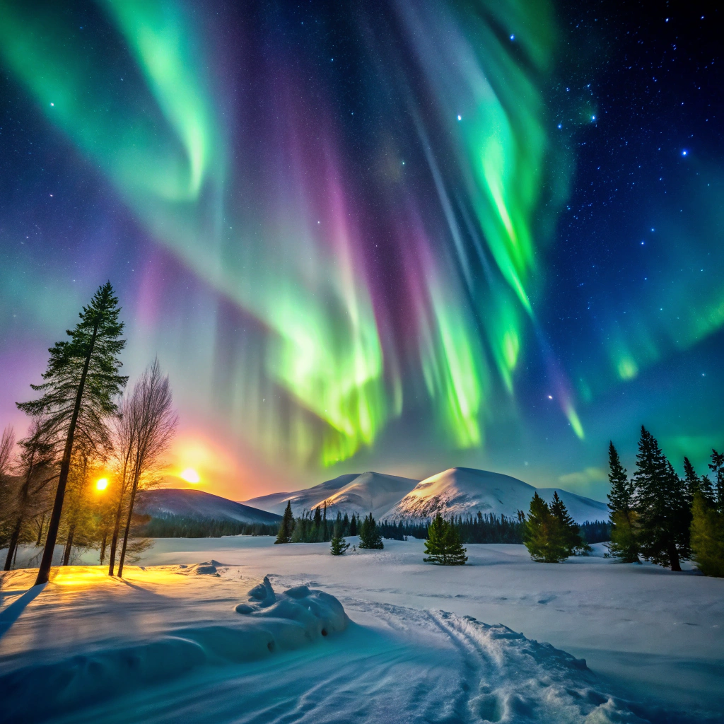 Northern Lights in the dark, snowy skies.