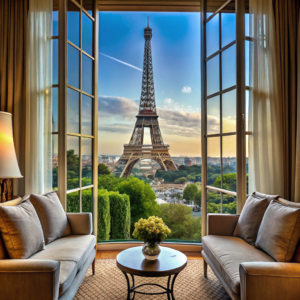 image of a hotel over looking the Eiffel Tower